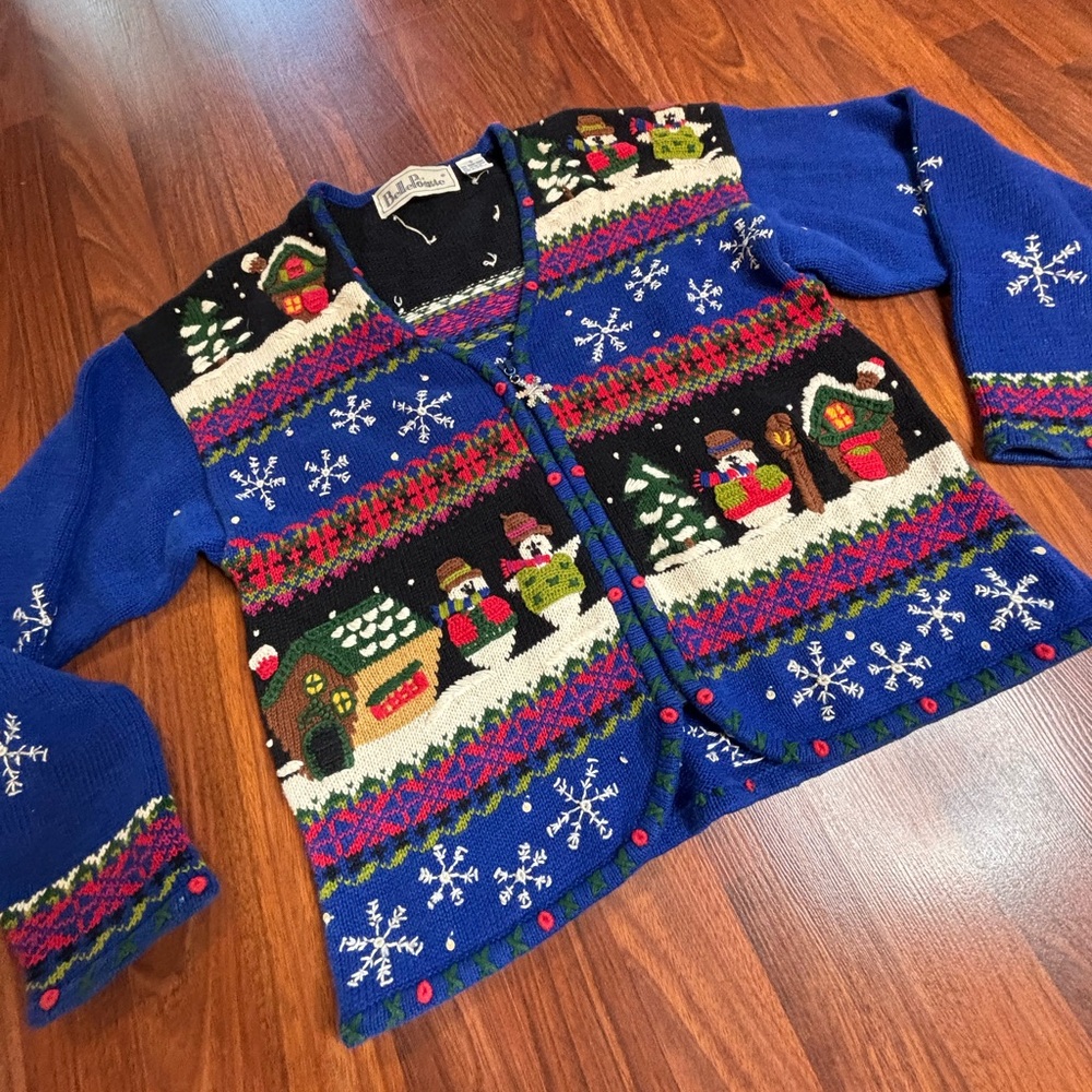 Vintage BellePointe Ugly Christmas Sweater Cardigan Snowman Winter Size Small